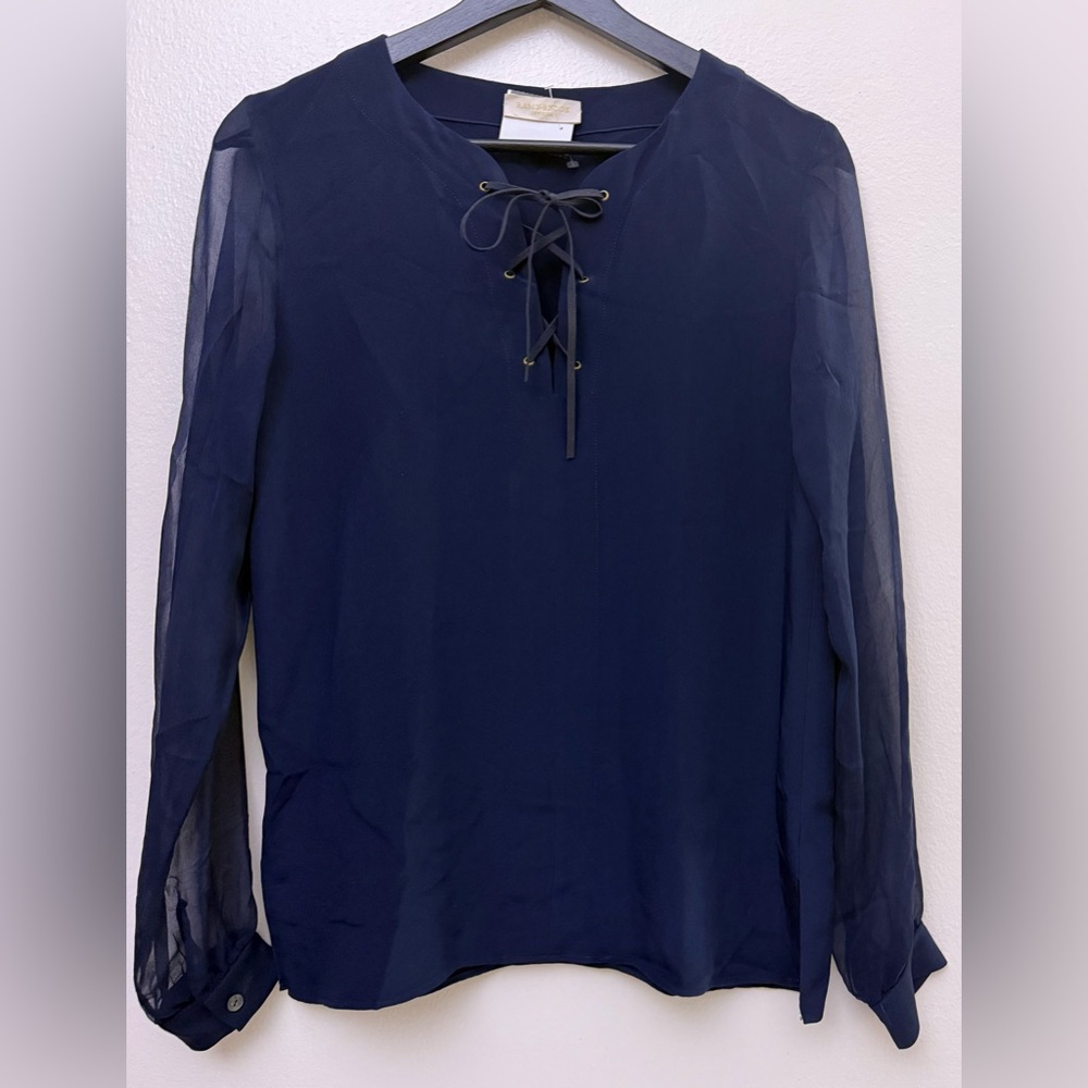 Ramy Brook Womens Navy 100% Silk Lace Up‎ V-Neck Long Sleeve Blouse Top Sz XS